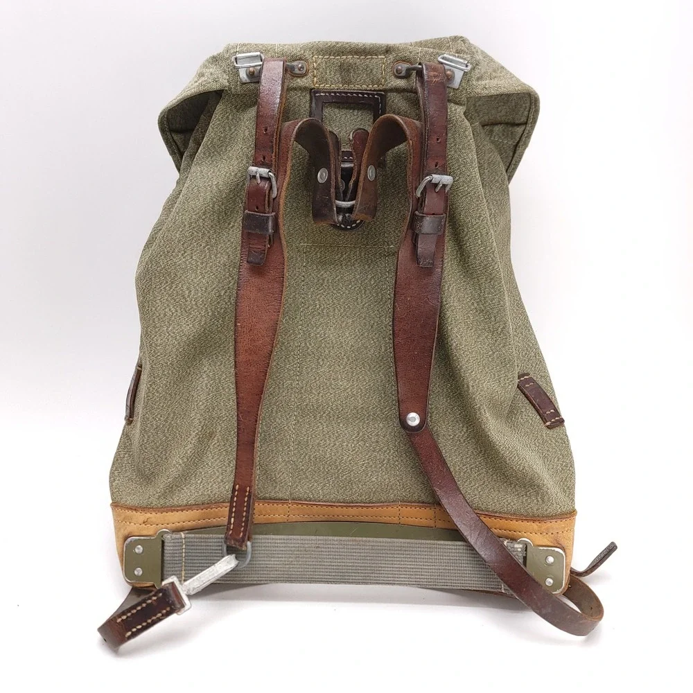 Vintage 1960 Swiss Military Salt and Pepper Canvas Leather Rucksack Backpack